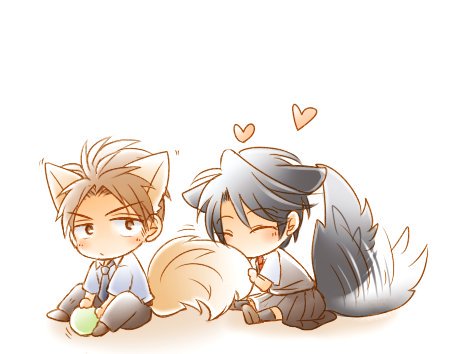 1boy 1girl afterimage animal_ears ball black_hair black_necktie brown_eyes brown_hair chibi commentary_request dog_boy dog_ears dog_girl dog_tail gekkan_shoujo_nozaki-kun heart hori_masayuki kashima_yuu kemonomimi_mode lowres necktie pleated_skirt red_necktie school_uniform skirt tail tail_wagging takana_x123 v-shaped_eyebrows