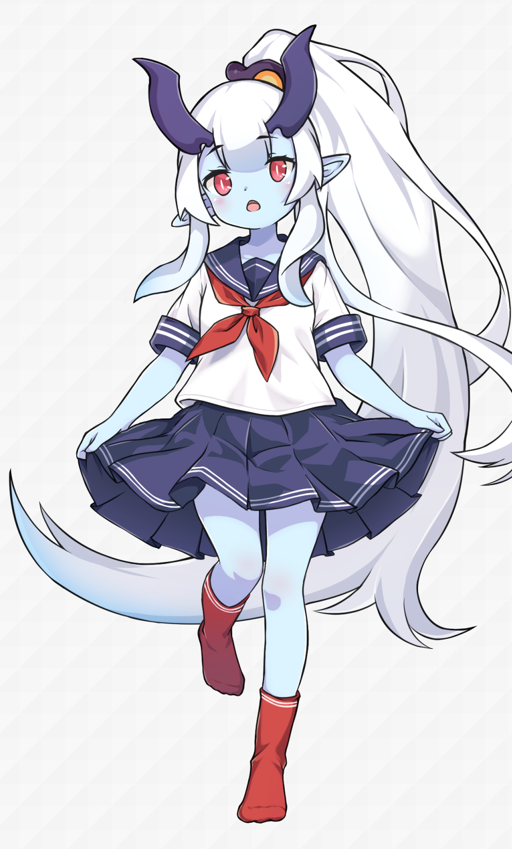 1girl arum_(world_flipper) blue_skin blue_skirt colored_skin eyelashes full_body highres horns long_hair looking_at_viewer mwm5 neckerchief open_mouth pointy_ears red_eyes red_neckerchief red_socks sailor_collar school_uniform serafuku skirt socks solo very_long_hair white_background white_hair world_flipper