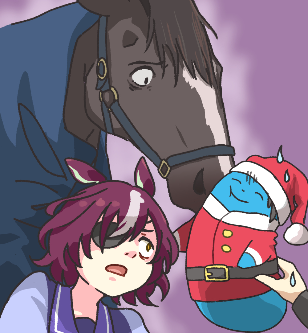 1girl 1other animal_ears creature_and_personification eyepatch horse horse_ears horse_girl multicolored_hair ooishi_oil open_mouth personification photo-referenced purple_background purple_hair purple_serafuku real_life school_uniform serafuku short_hair simple_background streaked_hair tanino_gimlet_(racehorse) tanino_gimlet_(umamusume) tracen_school_uniform two-tone_hair umamusume white_hair yellow_eyes yogibo