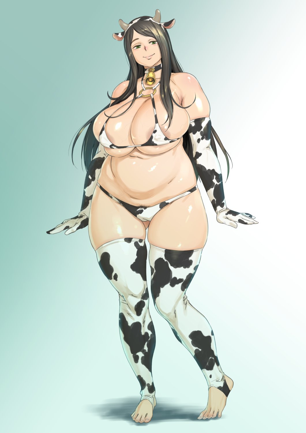 1girl animal_ears animal_print areola_slip bikini black_hair bobobo breasts choker cleavage cow_ears cow_print cow_print_bikini cow_print_gloves cow_print_thighhighs elbow_gloves fake_animal_ears fake_horns full_body gloves green_eyes highres horns huge_breasts long_hair looking_at_viewer neck_bell o-ring original plump print_bikini print_gloves print_thighhighs pubic_hair pubic_hair_peek smile solo standing stirrup_legwear swimsuit thick_thighs thighhighs thighs toeless_legwear