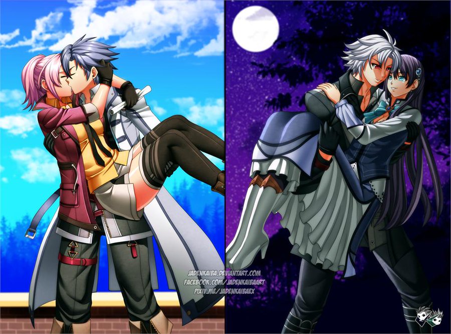 1boy 2girls black_coat black_gloves black_hair black_socks blue_dress blue_eyes blue_ribbon boots carrying carrying_person coat couple dress eiyuu_densetsu elise_schwarzer falcom gloves hair_ornament jacket juna_crawford kiss kuro_no_kiseki_(series) long_hair multiple_girls pink_hair pink_jacket ponytail rean_schwarzer red_eyes ribbon shirt skirt smile smiley_face socks white_hair white_skirt white_sleeves yellow_shirt