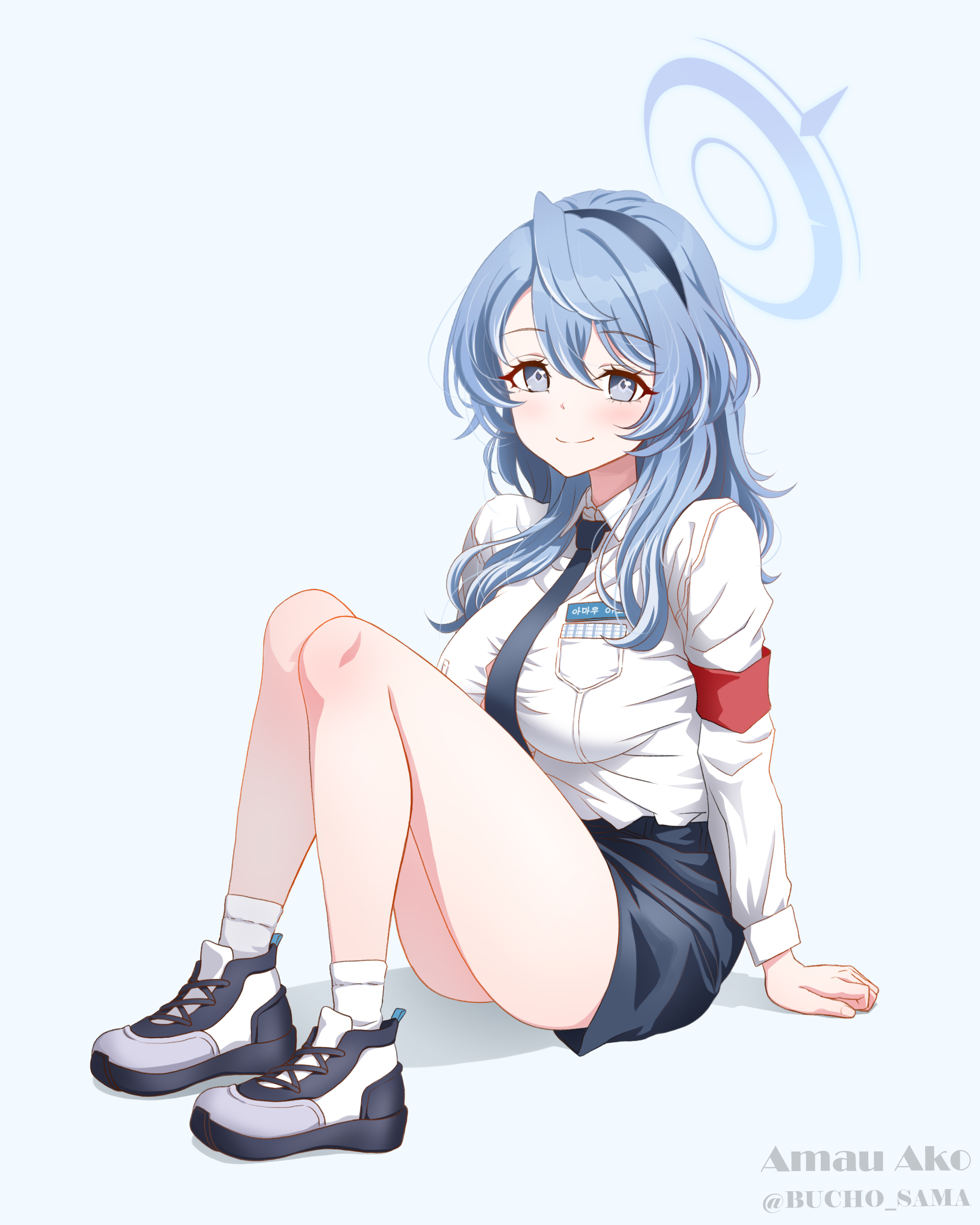 1girl absurdres ako_(blue_archive) armband ass blue_archive blue_eyes blue_hair blush breasts bucho_sama hairband halo highres long_hair medium_breasts necktie pencil_skirt school_uniform shoes sitting skirt smile sneakers socks solo variant_set white_socks