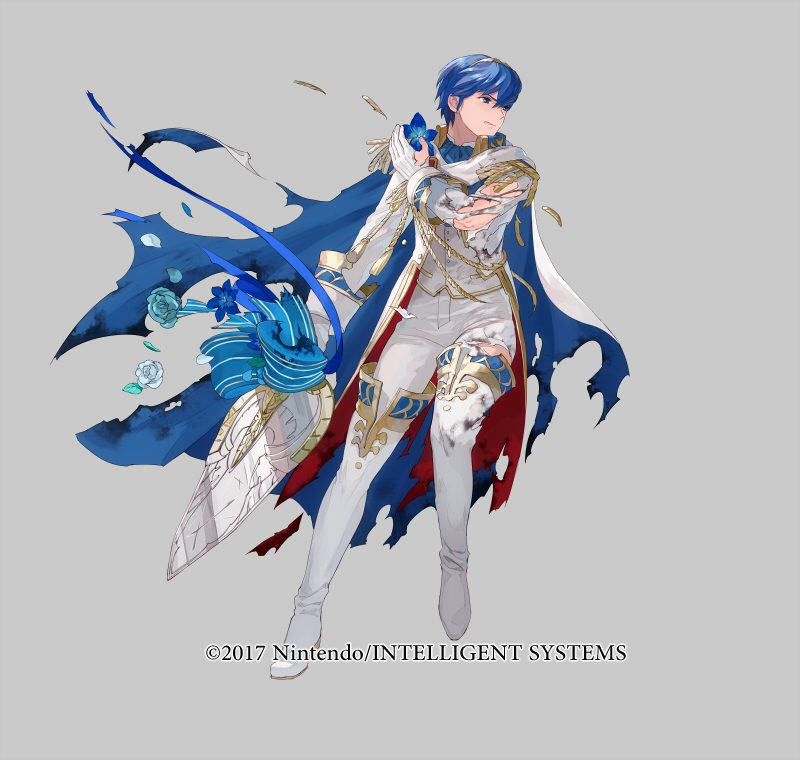 1boy blue_eyes blue_hair bouquet copyright_notice fire_emblem fire_emblem:_mystery_of_the_emblem fire_emblem_heroes flower formal_clothes full_body gloves grey_background groom male_focus marth_(fire_emblem) marth_(groom)_(fire_emblem) mayo_(becky2006) nintendo official_art short_hair simple_background smile solo suit tiara tuxedo weapon