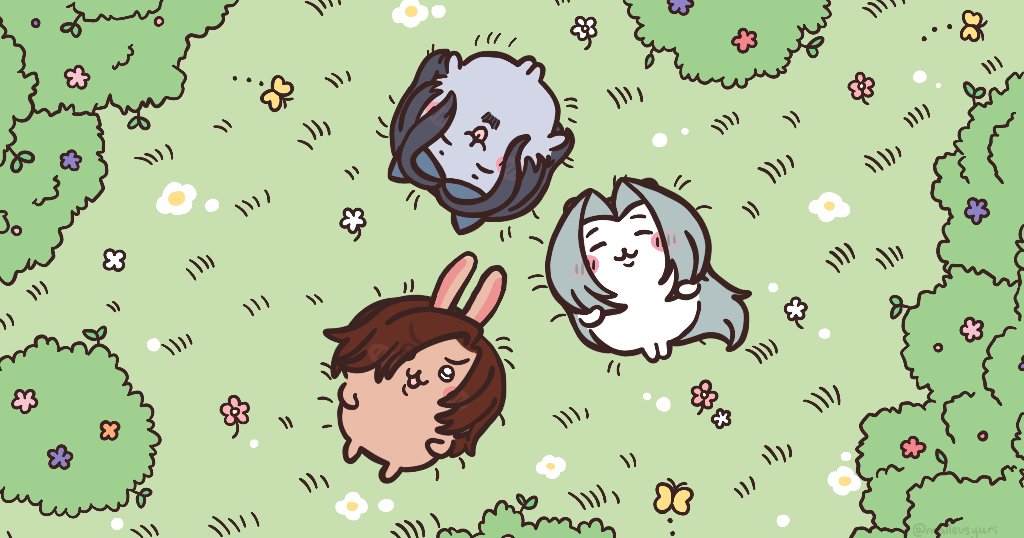 3boys :3 angeal_hewley animal animal_ears animal_focus animalization black_hair blush_stickers bug bush butterfly cat_ears chiikawa facial_hair final_fantasy final_fantasy_vii flower genesis_rhapsodos grass grey_hair happy insect long_hair malleusyuri multiple_boys on_grass outdoors parody rabbit_ears red_hair sephiroth short_hair style_parody tongue tongue_out