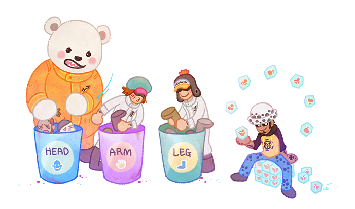 4boys bear bepo_(one_piece) black_hair chibi commentary english_commentary facial_hair full_body goatee hand_tattoo hat heart jumpsuit male_focus multiple_boys one_piece orange_hair orange_jumpsuit penguin_(one_piece) pikaole shachi_(one_piece) sharp_teeth sideburns sitting smile sunglasses tattoo teeth trafalgar_law