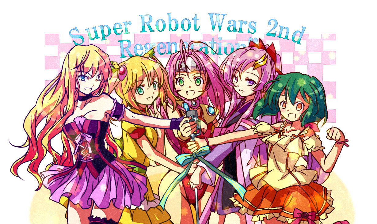 00s 1990s_(style) 5girls :d antenna_hair aqua_eyes arm_behind_back arm_garter armor banpresto bare_shoulders blonde_hair blue_eyes blush bow breasts checkered_background choker cleavage clenched_hand copyright_name corset crossover dancouga_(series) dancouga_nova detached_sleeves dress eida_rossa finger_to_mouth forehead_protector frilled_shirt frilled_skirt frilled_thigh_strap frills gem gloves green_eyes green_hair groin gundam gundam_seed gundam_seed_destiny hair_between_eyes hair_bow hair_ornament hairclip highleg highleg_leotard idol japanese_clothes juusou_kikou_dancouga_nova kimono lacus_clyne leotard lineup long_hair looking_at_viewer macross macross_7 macross_frontier microphone microphone_stand multiple_girls mylene_jenius one_eye_closed open_mouth orange_eyes outstretched_arm pauldrons pink_hair pleated_skirt pointing ponytail purple_eyes ranka_lee red_eyes retro_artstyle rossa_eida sash sheryl_nome shirakawa_(whitemist) shirt short_hair short_kimono short_twintails shoulder_armor sidelocks skirt smile standing star_(symbol) super_robot_wars super_robot_wars_z super_robot_wars_z2 swept_bangs thigh_strap twintails very_long_hair wavy_hair wide_sleeves wink wristband