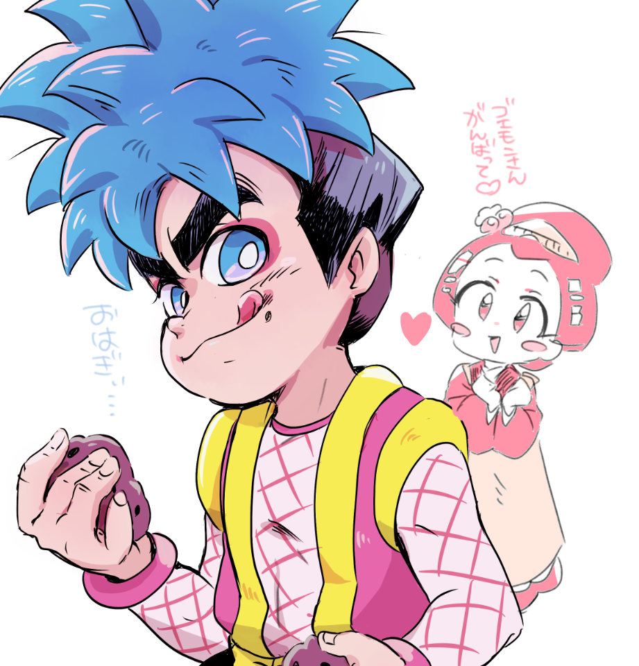 1boy 1girl bad_id bad_pixiv_id blue_eyes blue_hair blush_stickers bodystocking bright_pupils facepaint fishnet_armwear fishnet_bodystocking fishnets food ganbare_goemon goemon hair_ornament heart holding holding_food japanese_clothes kojima licking_lips makeup ninja obi ohagi_(food) omitsu_(ganbare_goemon) sash short_hair sketch smile spiked_hair thick_eyebrows tongue tongue_out translation_request