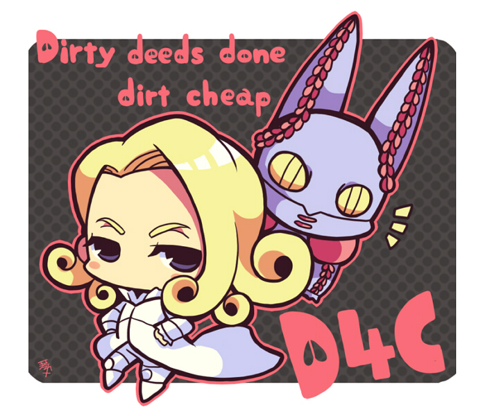 2boys black_eyes blonde_hair border character_name chibi chibi_only coat dirty_deeds_done_dirt_cheap funny_valentine jojo_no_kimyou_na_bouken kotorai long_sleeves male_focus multiple_boys no_mouth no_nose pants shoes stand_(jojo) steel_ball_run white_border white_coat white_footwear white_pants