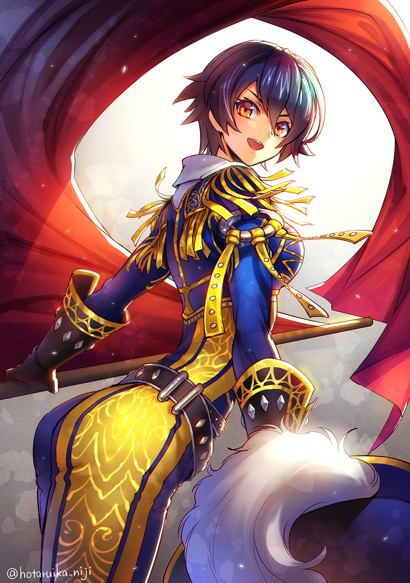 1girl :d artist_name ass banner belt black_belt black_gloves black_hair blue_jacket blue_legwear breasts commentary cowboy_shot elbow_gloves epaulettes feathers female_focus gloves gold_trim gradient_background grey_background hat hat_feather highres holding holding_unworn_clothes holding_unworn_hat hotaruika_niji jacket looking_at_viewer looking_back medium_breasts megido72 multiple_belts open_mouth orange_eyes pants short_hair smile solo striped tomboy twitter_username unworn_hat unworn_headwear white_background white_feathers zagan_(megido72)