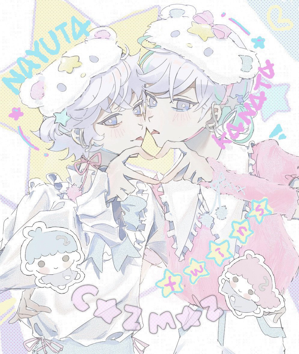 2boys aqua_hair blue_shorts brothers character_name cozmez_(paradox_live) czmzsex heart heart_hands heart_hands_duo kiki_(little_twin_stars) lala_(little_twin_stars) little_twin_stars male_focus multicolored_hair multiple_boys paradox_live pink_shirt purple_eyes purple_hair sanrio shirt shorts siblings star_(symbol) white_shirt white_shorts yatonokami_kanata yatonokami_nayuta