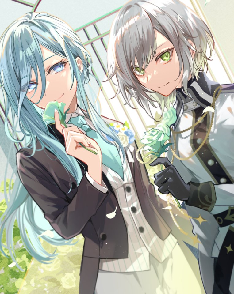 2girls aiguillette aozora_ni_negau_your_happiness!_(project_sekai) black_coat black_gloves blue_eyes blue_hair brooch coat commentary dutch_angle flower flower_brooch gloves green_eyes green_flower green_necktie green_rose grey_hair hinomori_shiho hinomori_shizuku holding holding_flower jacket kaitou_shinshi_no_harahara!?_white_day_(project_sekai) long_hair long_sidelocks looking_at_viewer multiple_girls necktie pinstripe_pattern pinstripe_vest poppoman project_sekai rose shirt short_hair siblings sidelocks sisters smile swept_bangs tailcoat vest white_jacket white_shirt white_vest