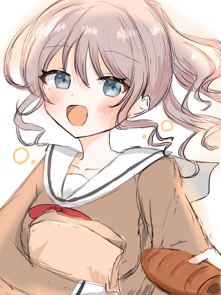 bang_dream! blue_eyes blush bow bowtie bread brown_hair collarbone food holding long_hair long_sleeves looking_at_viewer poepoe_purin015 ponytail red_bow red_bowtie sailor_collar school_uniform shirt simple_background smile solo solo_focus upper_body yamabuki_saya