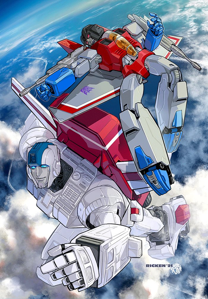 2boys arm_cannon artist_name autobot blue_eyes cloud commentary commission decepticon earth_(planet) english_commentary flying jetfire looking_at_viewer mecha multiple_boys open_hand open_mouth planet red_eyes ricken robot science_fiction starscream transformers weapon