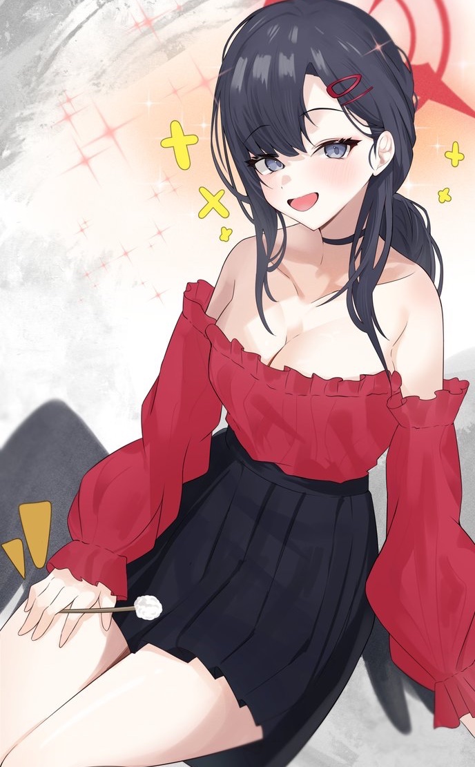 1girl alternate_costume black_choker black_skirt black_wings blue_archive choker collarbone cotton_swab feathered_wings hair_ornament hairclip halo ichika_(blue_archive) kanimiso30601 low_wings off_shoulder red_halo skirt solo unusually_open_eyes wings