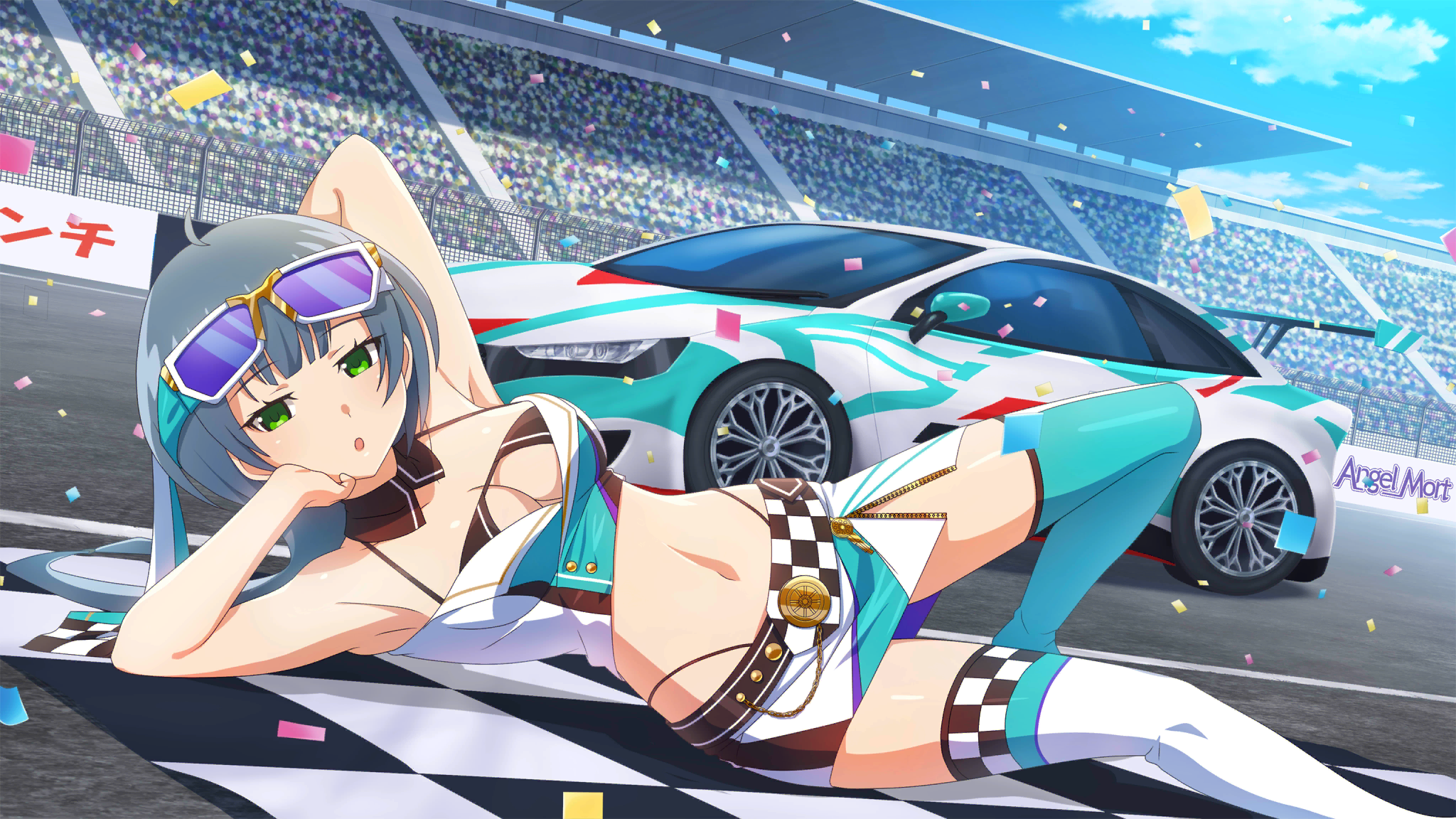 1girl :o asymmetrical_legwear audience belt bikini black_belt black_bikini blue_hair breasts car checkered_clothes checkered_flag cleavage confetti day detached_collar dutch_angle eyewear_on_head flag foot_out_of_frame game_cg green_eyes hand_on_own_cheek hand_on_own_face head_rest highres higurashi_no_naku_koro_ni higurashi_no_naku_koro_ni_mei knee_up kurosawa_chisame long_hair lying midriff miniskirt mismatched_legwear motor_vehicle navel non-web_source official_art on_side open_mouth outdoors pencil_skirt race_queen race_vehicle racecar racetrack skirt sports_car string_bikini sunglasses swimsuit thighhighs