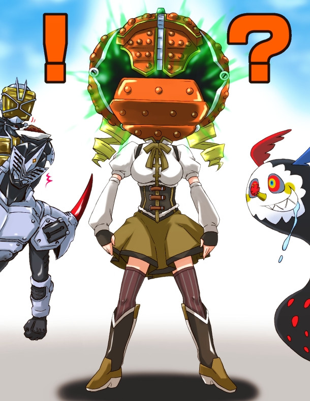 ! 10s 1girl 2boys ? blonde_hair boots charlotte_(madoka_magica) creator_connection drill_hair drooling fingerless_gloves food fruit gekoge_satoru gloves kamen_rider kamen_rider_gai kamen_rider_gaim_(series) kamen_rider_ryuki_(series) kamen_rider_wizard kamen_rider_wizard_(series) mahou_shoujo_madoka_magica mahou_shoujo_madoka_magica_(anime) mami_mogu_mogu md5_mismatch multiple_boys object_on_head orange_(fruit) saliva skirt thighhighs tomoe_mami tomoe_mami_(magical_girl)