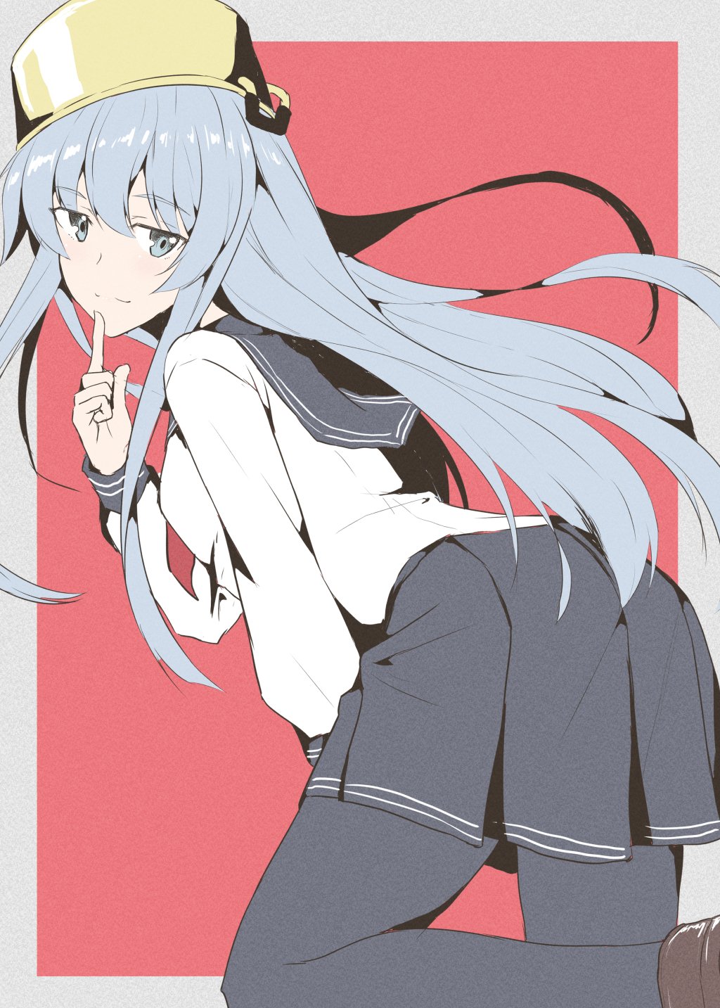 1girl black_pantyhose black_sailor_collar black_skirt border commentary_request finger_to_mouth grey_border grey_eyes grey_hair hibiki_(kancolle) highres kantai_collection kneeling long_hair pantyhose pleated_skirt pot_on_head red_background sailor_collar school_uniform serafuku shirt skirt solo taira_yuuki two-tone_background white_shirt