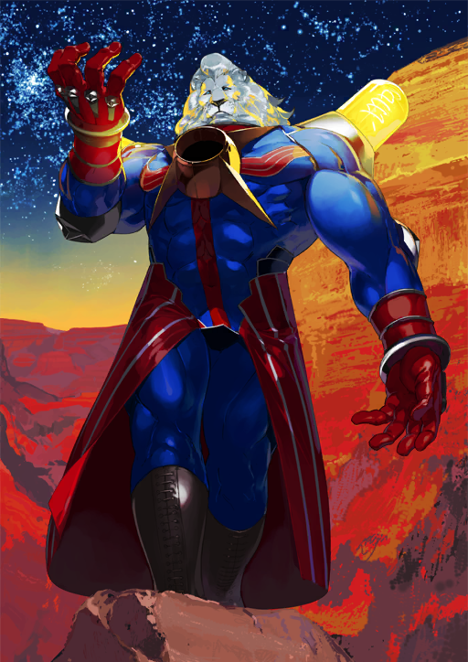 1boy animal_head arm_at_side black_boots blue_bodysuit blue_eyes bodysuit boots cape closed_mouth covered_abs covered_navel covered_pectorals fate/grand_order fate_(series) feet_out_of_frame gloves glowing hand_up light_bulb lion looking_at_viewer male_focus mane muscular muscular_male official_art pako_(pakosun) pectorals red_cape red_gloves sky snout solid_eyes solo standing star_(sky) starry_sky third-party_source thomas_edison_(fate) variant_set waist_cape white_fur white_hair