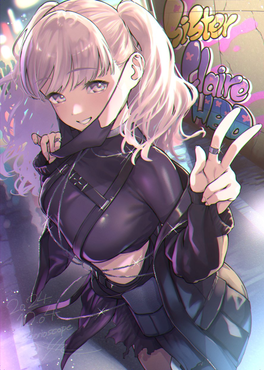 1girl black_jacket black_mask black_skirt breasts brown_eyes chest_harness commentary_request feet_out_of_frame graffiti grin hand_up harness herio highres jacket jewelry large_breasts light_brown_hair long_hair looking_at_viewer mask midriff mouth_mask nijisanji off_shoulder open_clothes open_jacket removing_mask ring sister_claire sister_claire_(9th_costume) skirt smile solo standing twintails v virtual_youtuber
