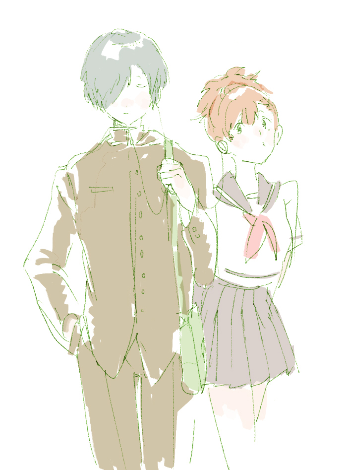 1boy 1girl amber389 blue_hair hair_ornament hair_over_one_eye hairclip headphones hetero persona persona_3 persona_3_portable red_hair school_uniform shiomi_kotone short_hair skirt yuuki_makoto_(persona_3)