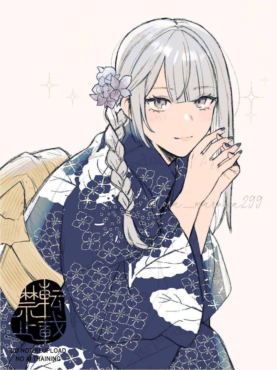 1girl alternate_hairstyle artist_name asymmetrical_bangs blue_kimono braid closed_mouth commentary_request flower grey_eyes grey_hair hair_flower hair_ornament highres japanese_clothes kaine_(nier) kimono kurosawa_kazuto long_hair nier nier_(series) pink_lips single_braid smile solo sparkle twitter_username watermark white_background