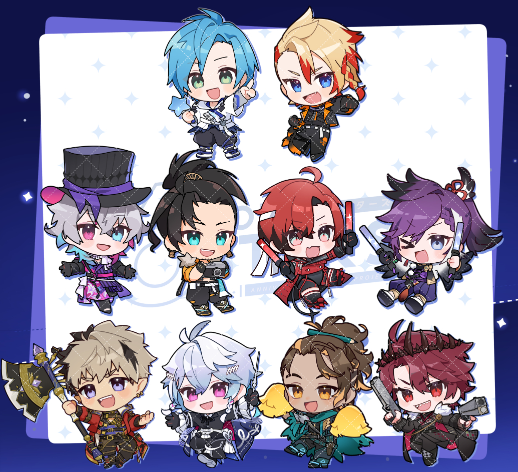 6+boys axe axel_syrios_(1st_costume) banzoin_hakka banzoin_hakka_(1st_costume) black_bodysuit black_gloves black_hair black_hat black_jacket black_pants black_shoes blonde_hair blue_eyes blue_hair bodysuit brown_eyes brown_hair camera cape chibi coat crimzon_ruze dual_wielding earclip earrings fang fur-trimmed_coat fur_trim gavis_bettel gavis_bettel_(1st_costume) gloves glowstick goldbullet green_cape green_eyes grey_hair gun hair_ornament hairclip hakama hakama_pants hat heterochromia holding holding_axe holding_camera holding_glowstick holding_gun holding_weapon holostars holostars_english jacket japanese_clothes jewelry josuiji_shinri jurard_t_rexford kurogareki machina_x_flayon machina_x_flayon_(1st_costume) male_focus medium_hair multicolored_coat multicolored_hair multiple_boys octavio one_eye_closed open_clothes open_jacket orange_jacket outstretched_arm pants pencil_in_hair pink_eyes pointing pom_pom_(cheerleading) ponytail purple_coat purple_hair red_coat red_hair red_jacket regis_altare scarf sharp_teeth shoes short_hair skin_fang streaked_hair teeth thigh_strap torn_cape torn_clothes two-tone_coat virtual_youtuber weapon white_jacket white_scarf white_shoes