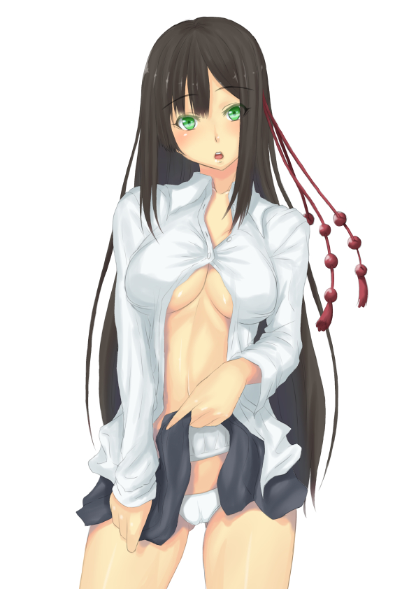 10s 1girl :o black_hair blush breasts cameltoe clothes_lift cowboy_shot female_focus green_eyes koi_to_senkyo_to_chocolate large_breasts long_hair looking_at_viewer muffin_(sirumeria) open_clothes open_shirt panties shinonome_satsuki shirt skirt skirt_lift solo underboob underwear upskirt very_long_hair white_panties
