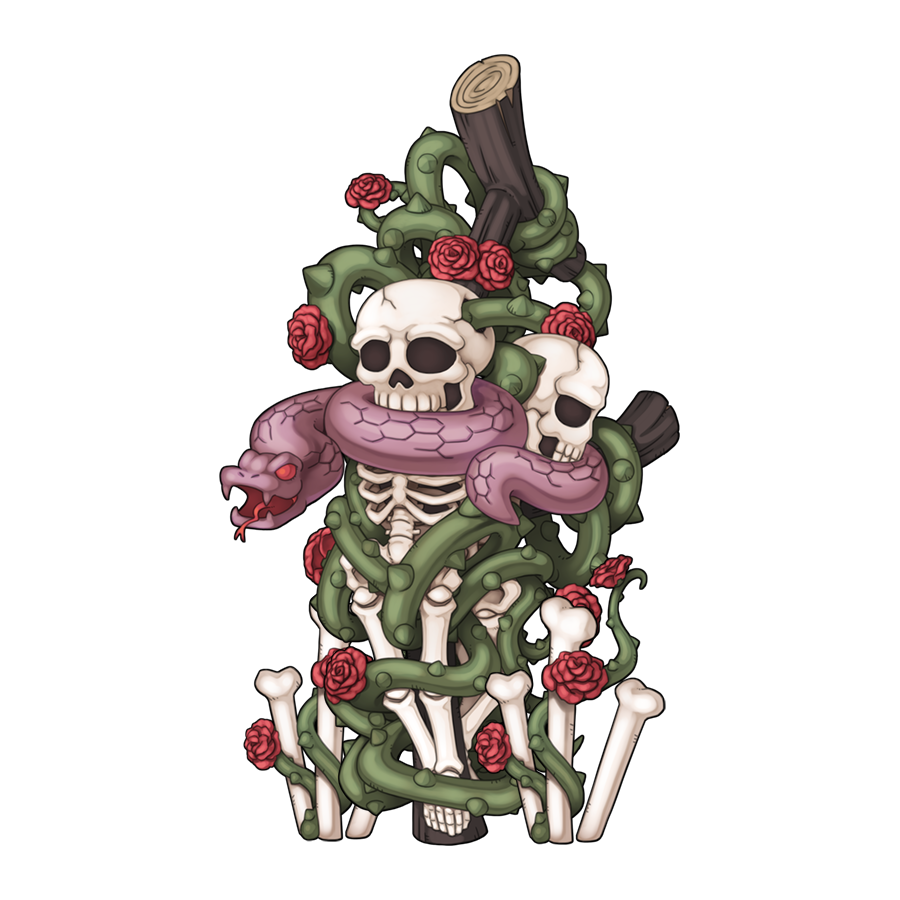 chibi chibi_only entweihen_crothen flower forked_tongue full_body no_humans official_art ragnarok_online red_flower red_rose rose simple_background skeleton skull snake solo thorns tongue transparent_background undead yuichirou