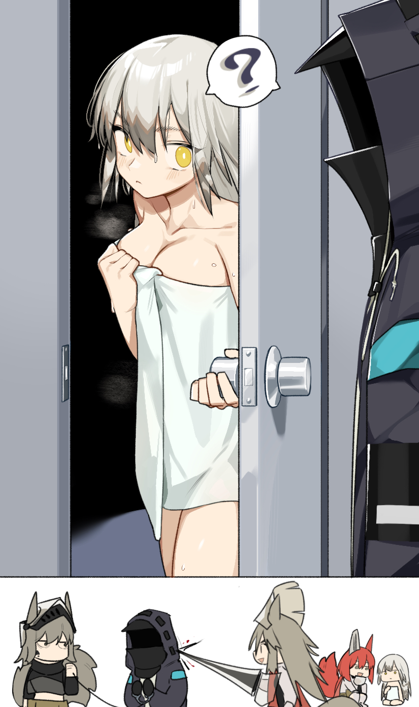 1other 4girls ? ambiguous_gender animal_ears arknights ashlock_(arknights) black_jacket blush breasts chibi collarbone doctor_(arknights) doorknob fartooth_(arknights) flametail_(arknights) grey_hair hair_between_eyes highres hood hood_up hooded_jacket horse_ears horse_girl horse_tail jacket long_hair mask medium_breasts multiple_girls naked_towel open_door red_hair signal_1120 spoken_question_mark squirrel_ears squirrel_girl squirrel_tail tail towel visor_(armor) wet wild_mane_(arknights) yellow_eyes