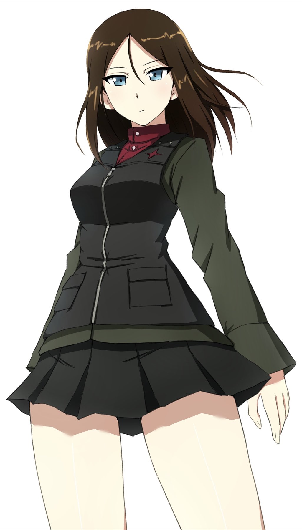 1girl black_hair black_skirt black_vest blue_eyes closed_mouth commentary cowboy_shot girls_und_panzer green_jacket highres jacket light_frown long_hair long_sleeves looking_at_viewer military_uniform miniskirt nonna_(girls_und_panzer) omachi_(slabco) pleated_skirt pravda_military_uniform red_shirt shirt simple_background skirt solo standing swept_bangs turtleneck vest white_background