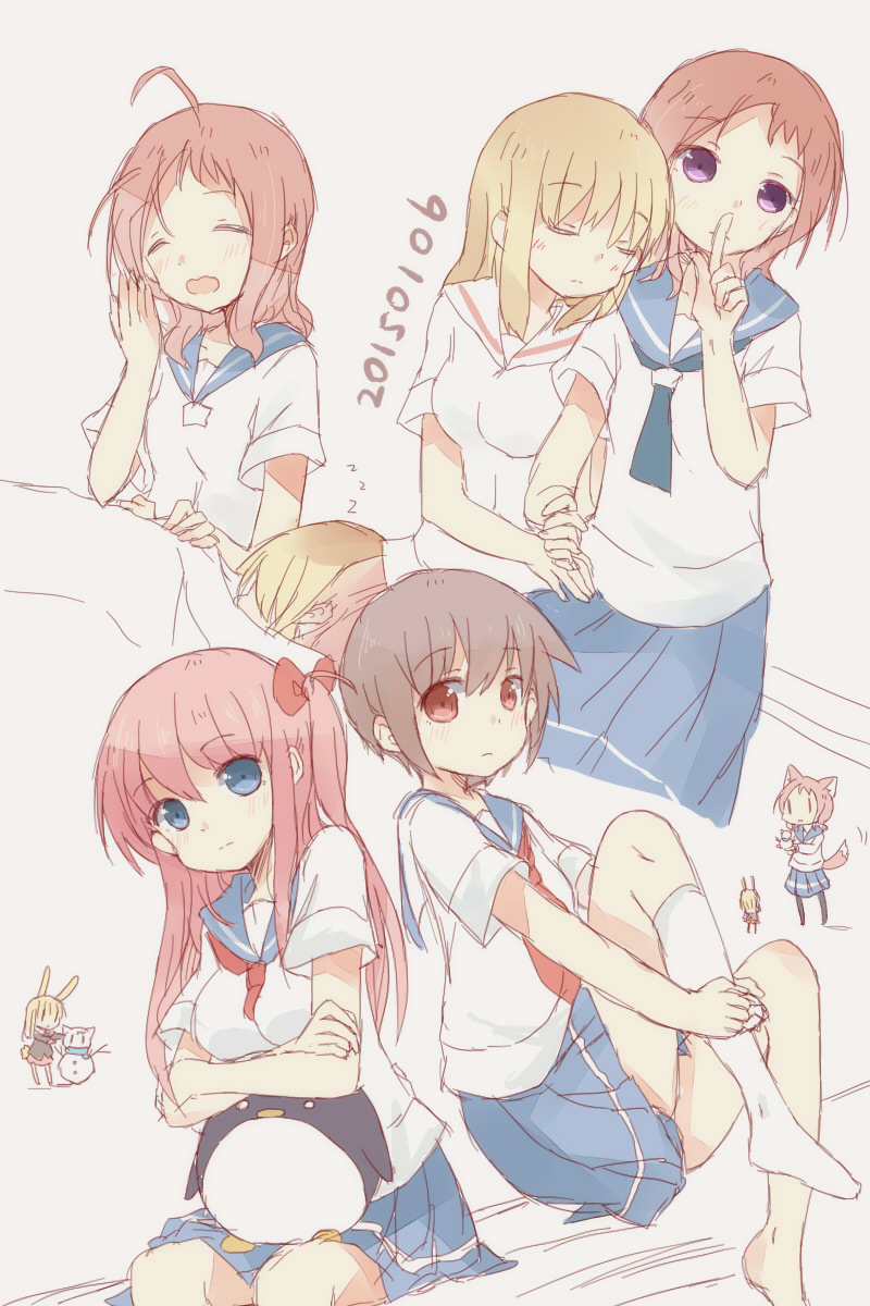 2015 5girls animal_ears animalization bird blonde_hair blue_eyes blush bow brown_hair closed_eyes coat couple dated etopen fox_ears fud fukuji_mihoko hair_bow haramura_nodoka highres kemonomimi_mode long_hair lying miyanaga_saki multiple_girls open_mouth pantyhose penguin pink_hair rabbit_ears red_eyes red_hair ribbon saki_(manga) scarf school_uniform serafuku short_hair single_sock skirt sleeping snowman socks stuffed_animal stuffed_penguin stuffed_toy tail takei_hisa twintails yuri zzz