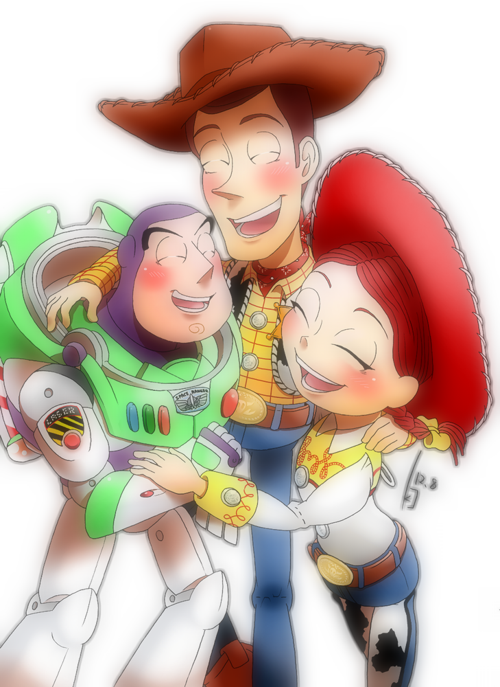 1girl 2boys boots brown_hair buzz_lightyear closed_eyes cowboy_boots cowboy_hat happy hat hug jessie_the_yodeling_cowgirl multiple_boys sheriff_woody simple_background smile spacesuit teeth tennnobyakko toy_story white_background