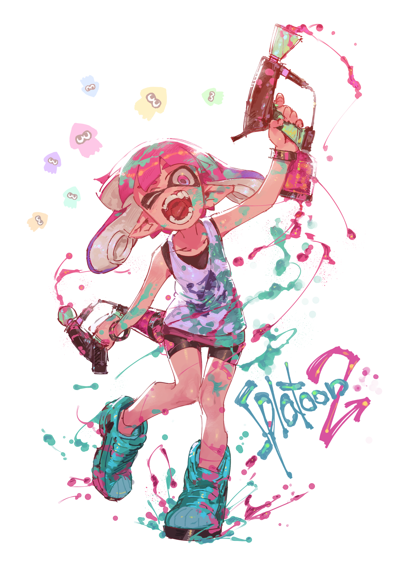 1girl black_bra black_shorts blue_shoes bra bra_peek bracelet chomoran collarbone commentary_request copyright_name dual_wielding flat_chest full_body high_tops highres holding holding_weapon inkling inkling_girl inkling_player_character jewelry medium_hair miniskirt multicolored_hair nintendo one_eye_closed open_mouth paint_splatter pink_eyes pink_hair pink_skirt pointy_ears purple_hair shoes shorts shorts_under_skirt skirt sneakers solo splat_dualies_(splatoon) splatoon_(series) splatoon_2 standing standing_on_one_leg tank_top tentacle_hair two-tone_hair underwear weapon white_background white_tank_top