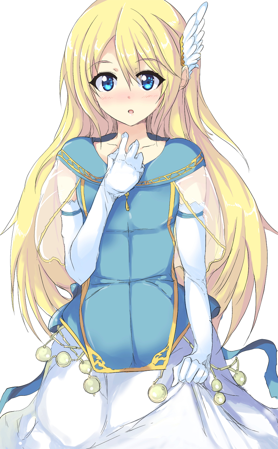 1boy androgynous bad_id bad_pixiv_id belly_chain blonde_hair blue_eyes blush crossdressing crossdressing_(mtf) dress echizen_(hvcv) elbow_gloves fire_emblem fire_emblem:_the_blazing_blade gloves hair_ornament hand_on_own_chest highres jewelry long_hair lucius_(fire_emblem) male_focus nintendo open_mouth skirt_hold solo white_gloves wings