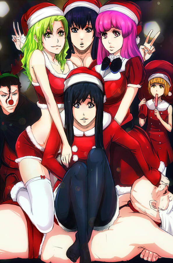 3boys 4girls animal_collar antlers askin_nakk_le_vaar bald bambietta_basterbine beard black_bow black_bowtie black_cape black_hair black_pantyhose bleach bleach:_sennen_kessen-hen blonde_hair bow bowtie breasts candice_catnipp cape carrying_over_shoulder collar commentary crop_top dark_background double_v dress eating english_commentary facial_hair fake_antlers food fur_trim giselle_gewelle green_eyes green_hair hair_slicked_back hat holding holding_food holding_sack horns jacket large_breasts leash liltotto_lamperd long_beard long_hair long_sleeves looking_at_viewer meninas_mcallon multiple_boys multiple_girls pantyhose pepe_waccabrada pink_eyes pink_hair pom_pom_(clothes) popsicle quincy_(bleach) red_dress red_footwear red_headwear red_jacket red_nose red_shirt red_shorts red_skirt reindeer_antlers sack santa_costume santa_hat shirt short_hair short_shorts short_sleeves shorts sitting sitting_on_person skirt sleeveless sleeveless_shirt small_breasts sternritter thighhighs v white_thighhighs yellow_eyes yukitoko