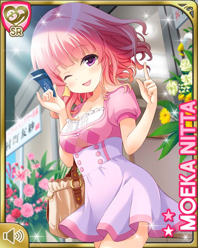 1girl bag bow character_name dress female_focus flower flyer girlfriend_(kari) handbag holding indoors japanese_text looking_at_viewer nitta_moeka official_art one_eye_closed open_mouth pink_bow pink_hair plant pointing pointing_up purple_eyes qp:flapper rose short_hair smile solo tagme white_dress