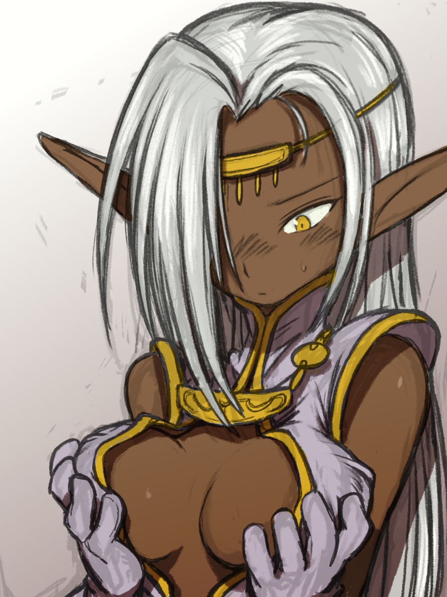 1girl beeru_(veil8801) breasts circlet cleavage closed_mouth dark-skinned_female dark_elf dark_skin elf gloves gold_circlet grabbing_own_breast gradient_background grey_hair hair_over_one_eye highres long_hair long_pointy_ears looking_down medium_breasts pirotess pointy_ears purple_gloves record_of_lodoss_war solo sweat yellow_eyes