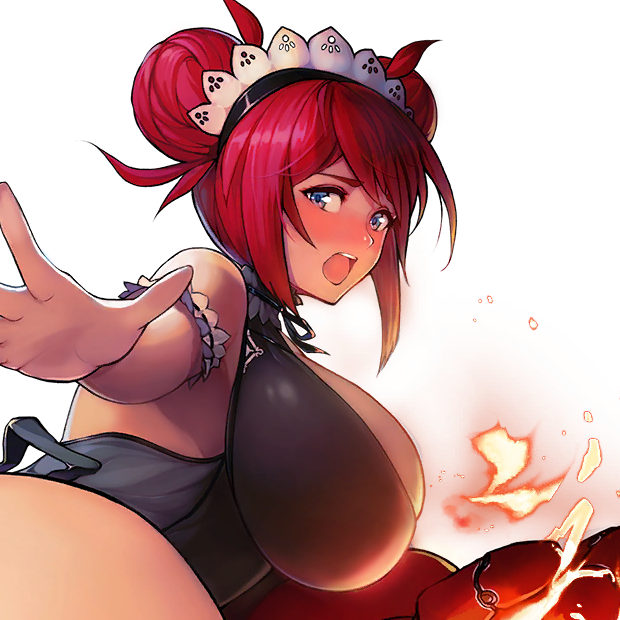 1girl armband bare_shoulders black_dress blue_eyes blush breasts choker curvy double_bun dress female_focus fire fotia_of_fireside fotia_of_fireside_(last_origin) frilled_armband frilled_choker frills from_side game_cg hair_bun headdress high_collar huge_breasts last_origin long_hair looking_at_viewer looking_to_the_side maid maid_headdress official_art open_mouth outstretched_arm power_glove red_hair sima_(startwitch) skindentation sleeveless sleeveless_dress teeth transparent_background upper_body upper_teeth_only weapon