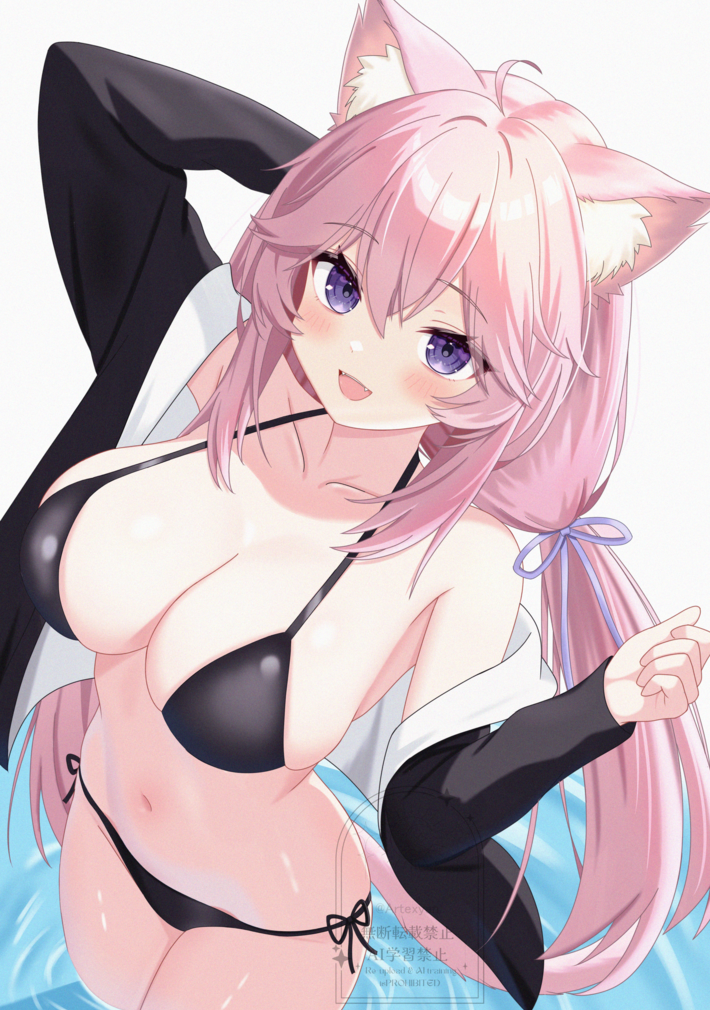 1girl ahoge alternate_breast_size animal_ears artexyan bikini black_bikini black_jacket blush breasts cat_ears cat_girl cleavage hair_ribbon indie_virtual_youtuber jacket large_breasts long_hair looking_at_viewer low_twintails nyatasha_nyanners open_mouth pink_hair purple_eyes purple_ribbon ribbon smile solo swimsuit twintails very_long_hair virtual_youtuber water