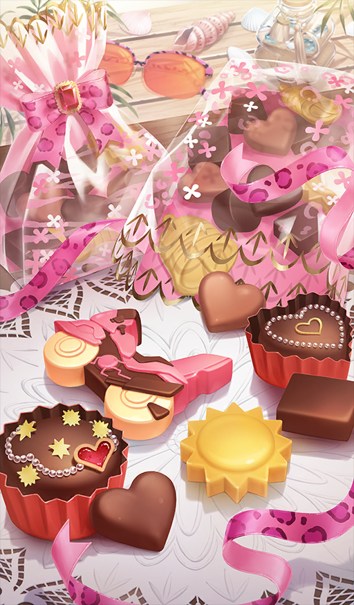 animal_print bag bow candy chocolate chocolate_heart chocolate_river_no_sono_saki_ni commentary_request cupcake fate/grand_order fate_(series) food food_art food_focus gift_bag heart heart-shaped_food in_bag in_container itsuya_(daystar) leopard_print motor_vehicle motorcycle no_humans official_art orange-tinted_eyewear pink_bow pink_ribbon ribbon seashell shell still_life sun_symbol sunglasses third-party_source tinted_eyewear unworn_eyewear