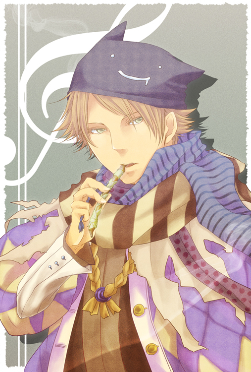 1boy argyle_clothes argyle_coat black_hat blue_scarf brown_hair brown_scarf brown_shirt coat commentary_request deviruchi_hat green_eyes grey_background hat holding holding_whistle looking_at_viewer male_focus minstrel_(ragnarok_online) open_mouth picojan_w purple_coat ragnarok_online scarf shirt short_hair solo striped_clothes striped_scarf treble_clef upper_body whistle