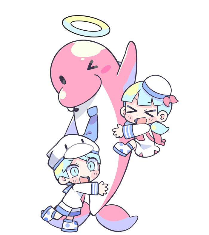 &gt;_&lt; 1boy 1girl animal animal_hat animal_hug arm_up backpack bag black_eyes blue_eyes blue_hair blue_necktie blue_sailor_collar blunt_bangs blush_stickers boots character_request collared_shirt commentary_request copyright_request deformed dolphin dress duck_hat full_body halo hat headpiece long_sleeves looking_at_viewer low_twintails medium_hair mini_hat neckerchief necktie open_mouth oversized_animal polka_dot_footwear red_bag red_neckerchief red_necktie sailor sailor_collar sailor_dress sailor_hat sailor_shirt shirt short_dress short_hair short_twintails shorts simple_background smile solid_oval_eyes teeth terada_tera twintails upper_teeth_only white_background white_dress white_footwear white_headwear white_shirt white_shorts white_sleeves yellow_halo