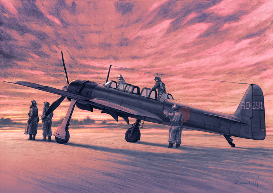 5boys aircraft airplane cloud facing_away gloves hat jacket military military_vehicle multiple_boys original outdoors pilot propeller same_(carcharodon) shadow standing twilight vehicle_focus vehicle_request
