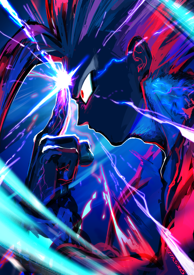 1boy closed_mouth commentary_request dragon_ball dragon_ball_super dragon_ball_super_super_hero electricity finger_to_head from_side glowing gohan_beast itsuki_(nightlight) makankousappou male_focus profile red_eyes simple_background solo son_gohan spiked_hair twitter_username upper_body