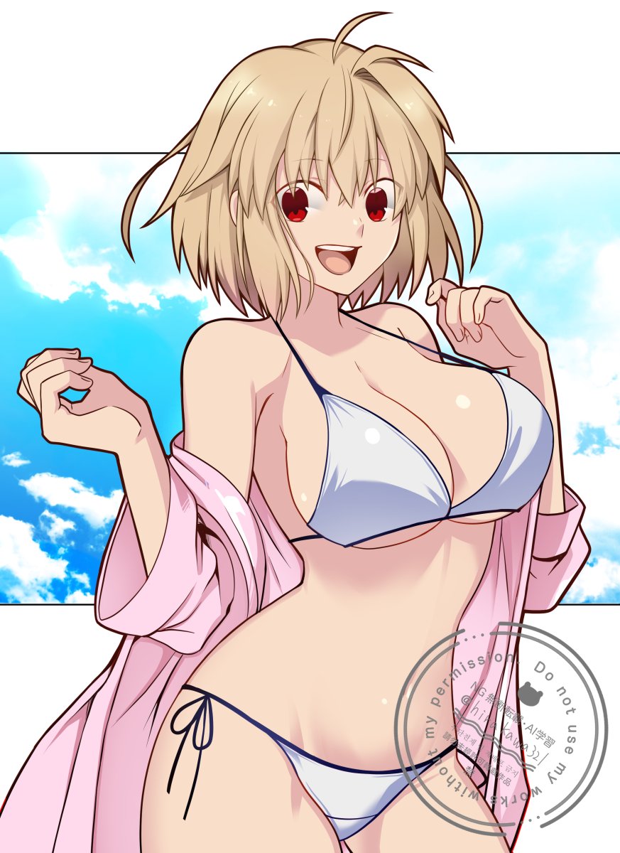 1girl ahoge antenna_hair arcueid_brunestud bikini blonde_hair breasts cleavage highres hirakawa large_breasts long_sleeves looking_at_viewer open_clothes open_mouth red_eyes short_hair solo swimsuit tsukihime watermark