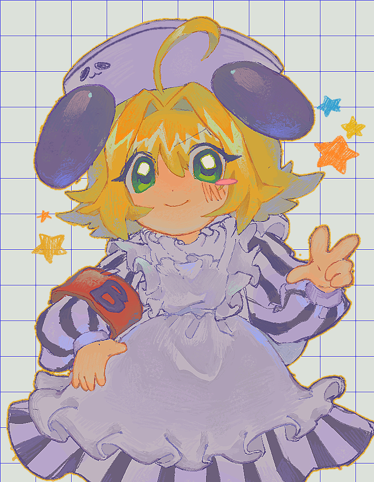 1girl ahoge animal_ears apron armband blonde_hair blush child commentary_request di_gi_charat dress green_eyes grid_background hat long_sleeves looking_at_viewer panda_ears piyoko short_hair smile solo standing star_(symbol) sunoko517 w
