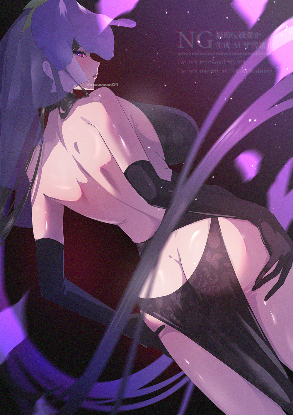 ass back bare_back bare_shoulders black_dress black_gloves black_hair breasts butt_crack dress elbow_gloves expressionless gloves hands_on_own_thighs headdress highres large_breasts long_hair looking_at_viewer looking_back purple_eyes purple_headdress soi_soi_(mixueeee634) touhou twitter_username veil very_long_hair watermark yomotsu_hisami