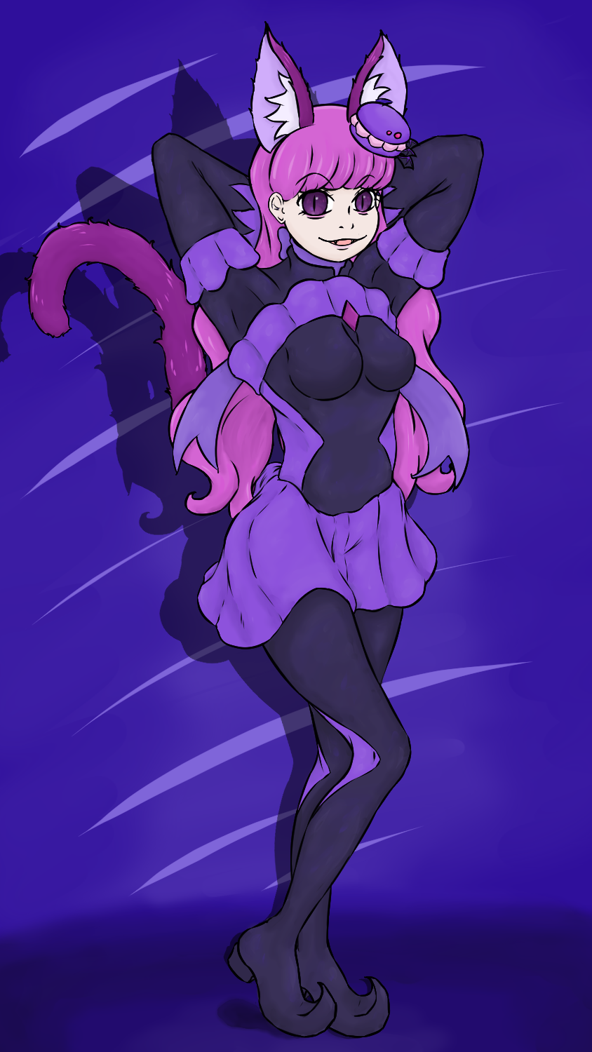 animal_ears arms_behind_head bad_end_precure bad_end_precure_(cosplay) bodysuit breasts cat_ears cat_girl cat_tail corruption cosplay cure_macaron dark_persona elly_snail frills full_body hair_ornament highres kirakira_precure_a_la_mode latex long_hair medium_breasts precure purple_eyes purple_hair purple_skirt skirt slit_pupils smile smile_precure! tail wavy_hair