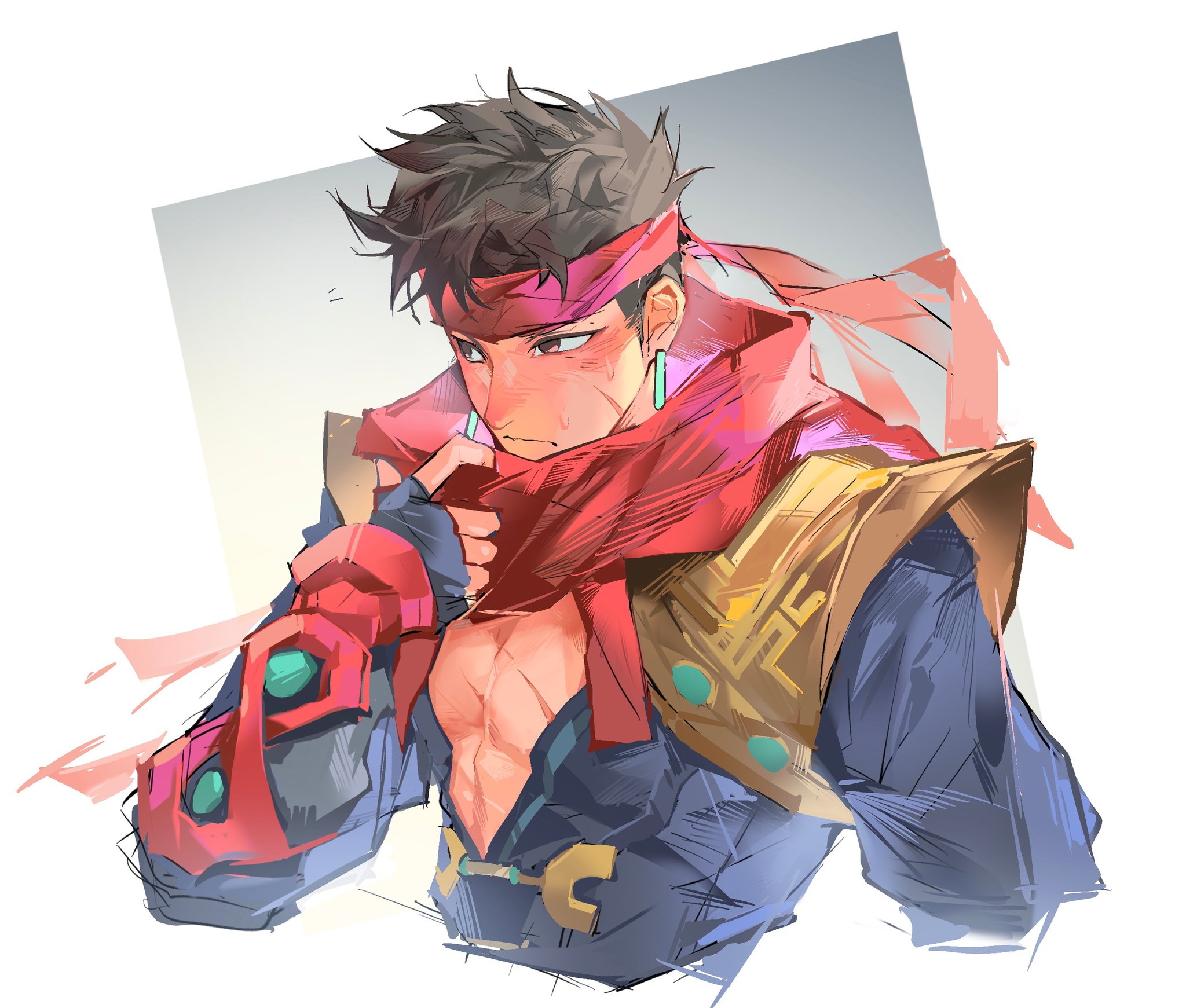 1boy black_hair blue_shirt blush border brown_eyes chinese_clothes closed_mouth earrings grey_background hand_up headband highres iron_fist_(marvel) jewelry lin_lie_(marvel) long_sleeves looking_afar male_focus marvel marvel_rivals open_clothes open_shirt outside_border red_headband red_scarf scar scarf shirt short_hair simple_background solo songtanshui02 sweatdrop upper_body white_background white_border