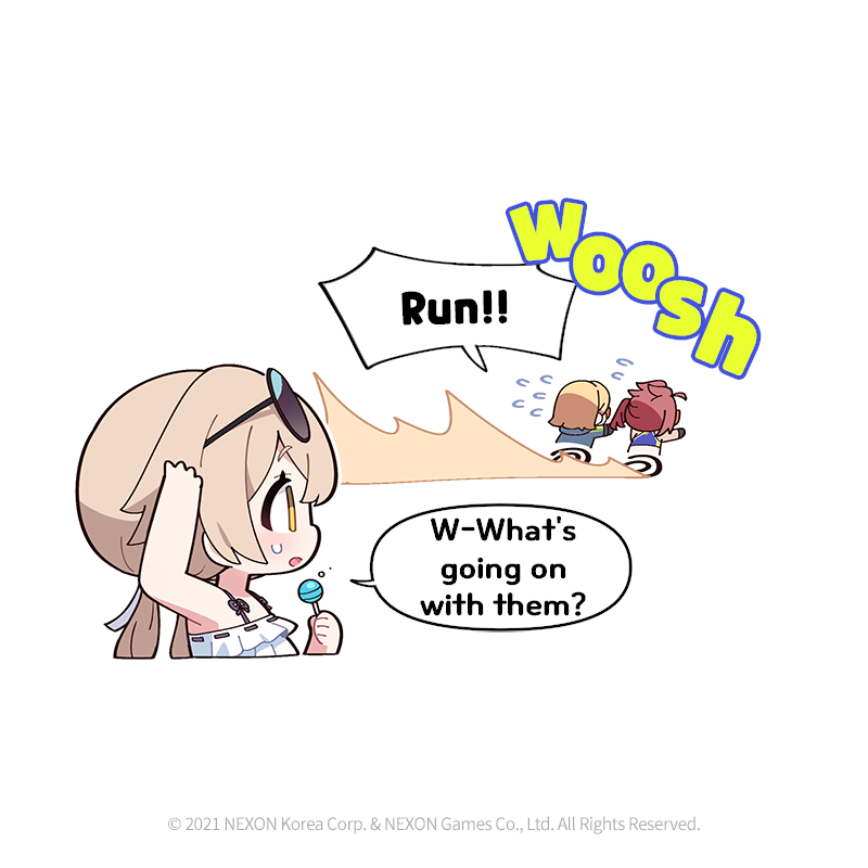 3girls arm_up blue_archive brown_hair candy chibi commentary donmin_h english_commentary english_text eyewear_on_head fleeing flying_sweatdrops food hair_ribbon halo hifumi_(blue_archive) hifumi_(swimsuit)_(blue_archive) holding holding_candy holding_food holding_lollipop lollipop long_hair low_twintails medium_hair multiple_girls official_art profile red_hair ribbon round_eyewear running sunglasses twintails white_ribbon